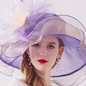 Kentucky Derby Organza Hat Purple W Flower Wide Brim Hat For Derby Day NWOT
